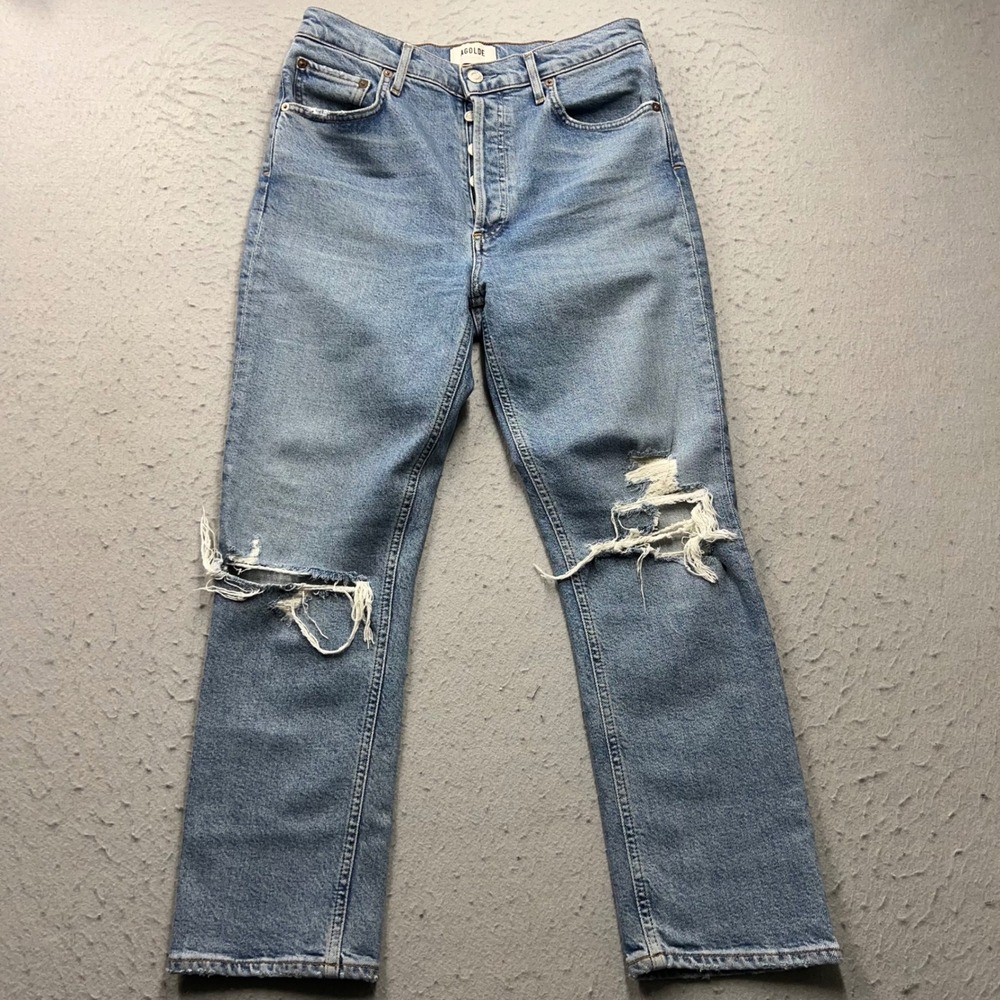 AGOLDE Riley High Rise Straight Crop Jeans Distressed Blue Size 27 A056B-1255